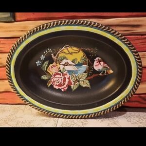 Handpainted Vtg Metal Dish Decor Country Scene Old Postcard